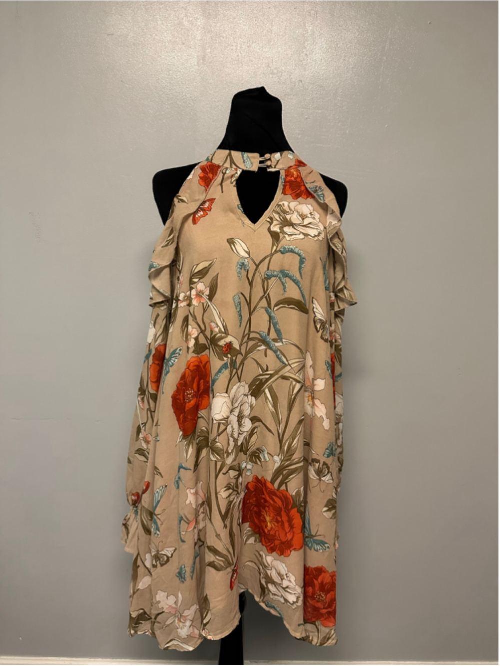 Umgee Floral Mini Shift Dress Size Medium Long Sleeve Cold Shoulder Beige Red